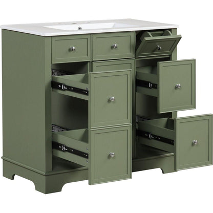 36" Bathroom Vanity with Sink, One Cabinet with Three drawers and One Flip Drawer, Solid Wood and MDF Board, Green