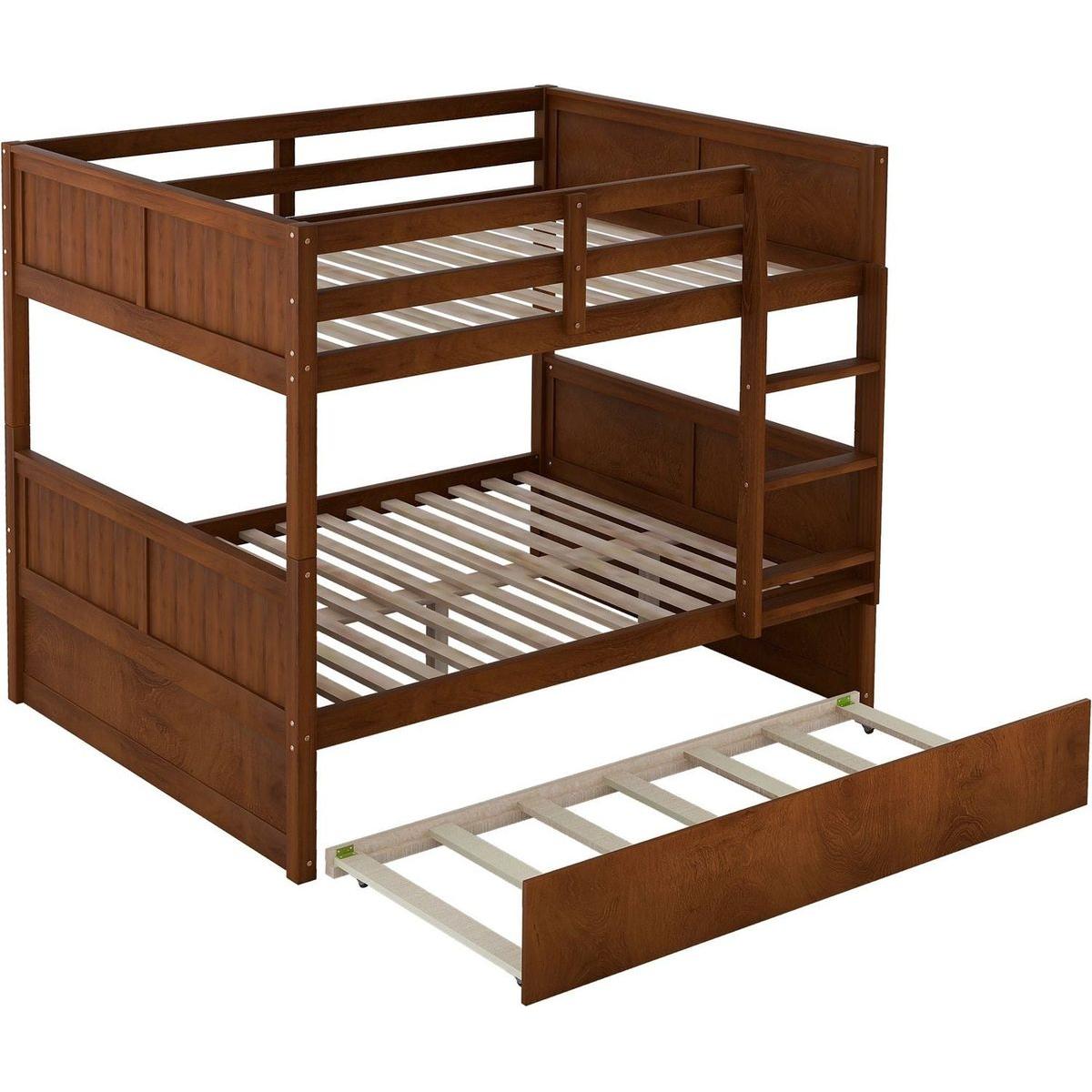 Full Over Full Bunk Bed with Twin Size Trundle, Walnut