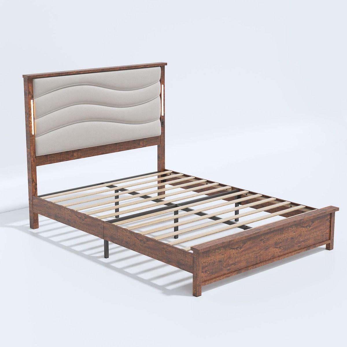 King Size Bed Frame with Upholstered Headboard, King Bed Frame with Charging Station and LED Lights, Wood Slats, Dark Gray Linen, No Box Spring Needed, Easy Assembly