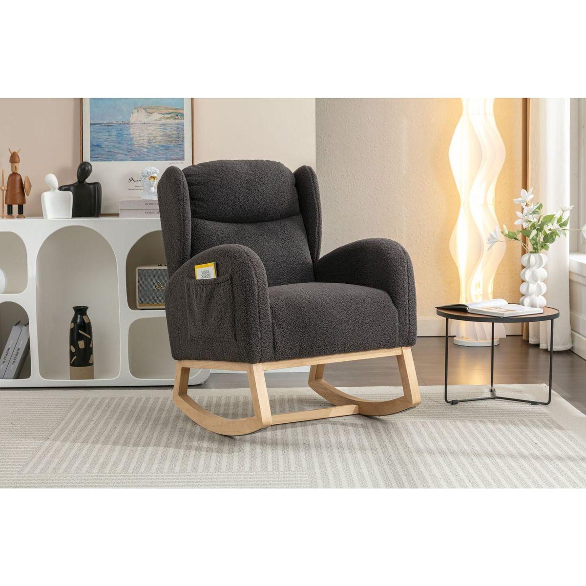 Teddy Fabric Rocking Chair With Packet Wood Legs,Dark Gray