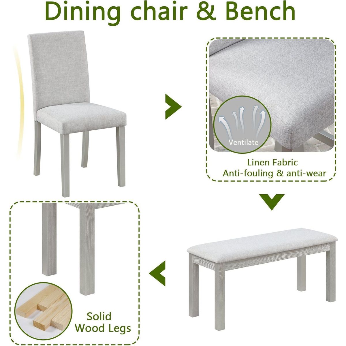 Wooden Dining Rectangular Table with Bench, Kitchen Table with Bench for Small Space, 6 Person Dining Table, Silver grey