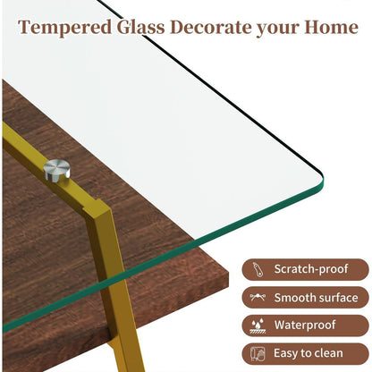 Rectangle Coffee Table, Tempered Glass Tabletop with Gold Metal Legs, Modern Table for Living Room, Transparent Glass
