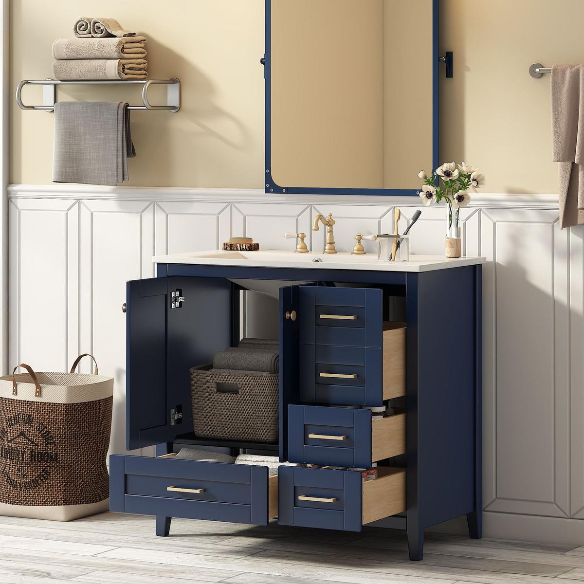 36" Bathroom Vanity with Sink Combo Set, Modern Bathroom Cabinet with 4 Drawers, Freestanding Wood Bathroom Vanity Set with Solid Wood Feet, Blue