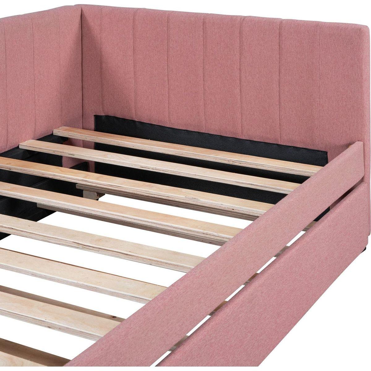 Upholstered Daybed with Trundle Twin Size Sofa Bed Frame No Box Spring Needed, Linen Fabric(Pink)