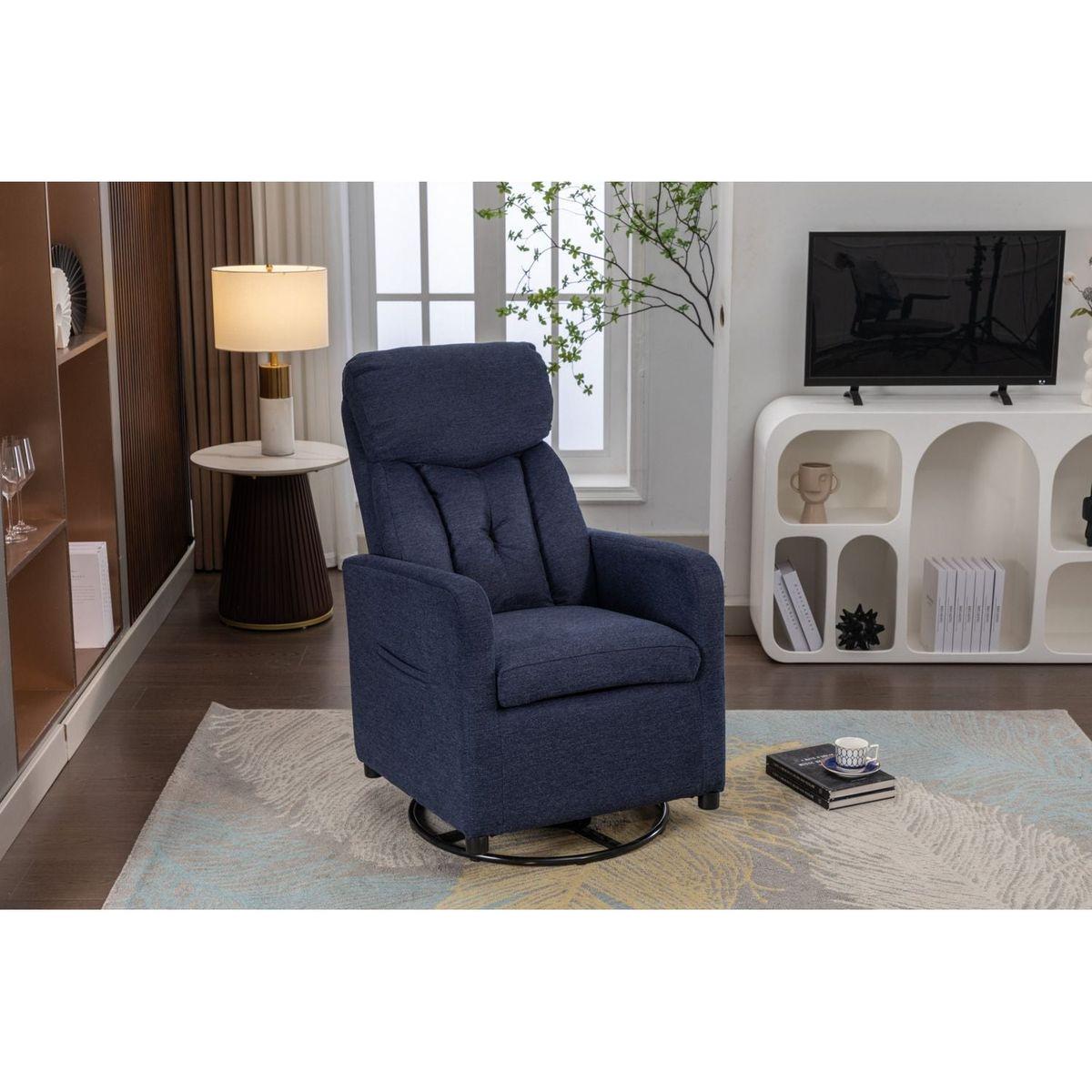 Linen Fabric Swivel Rocking Chair Gilder Chair With Pocket,Navy Blue