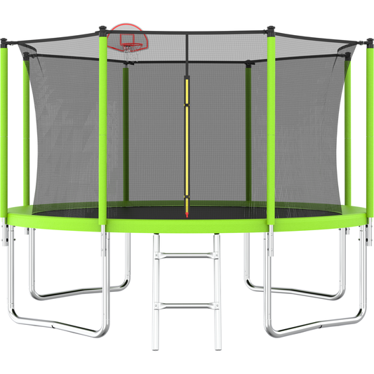 12FT Trampoline Green for Kids & Adults with Basketball Hoop and Ball ,Recreational Trampolines with Safety Enclosure for Back Yard Outdoor