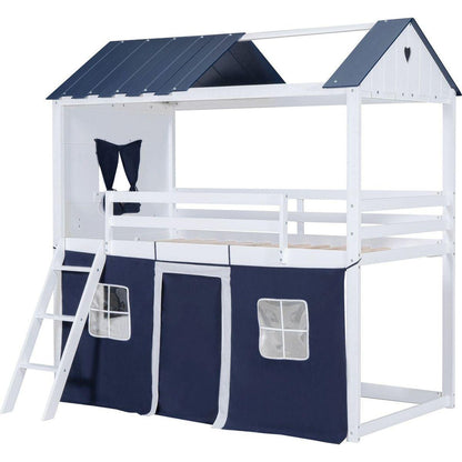 Twin Size Bunk Wood House Bed with Elegant Windows, Sills and Tent, Blue+White