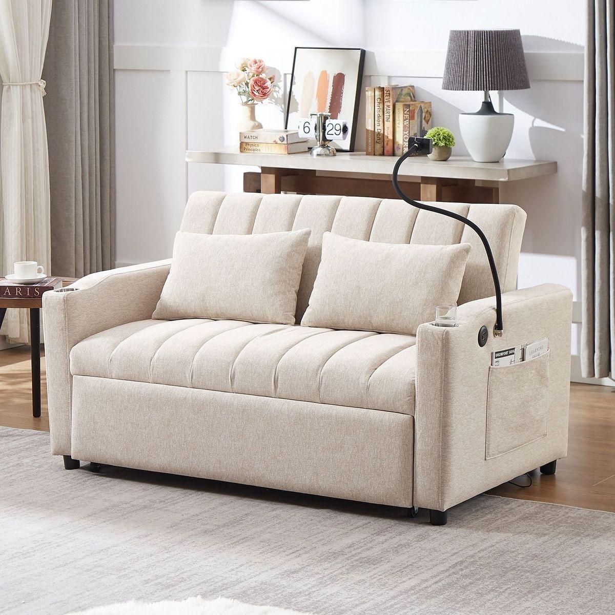 55.9" Convertible Sofa Bed Loveseat Sofa with Three USB Ports, Two Side Pockets, Two Cup Holders and 360Swivel Phone Holder for Living Room, Beige