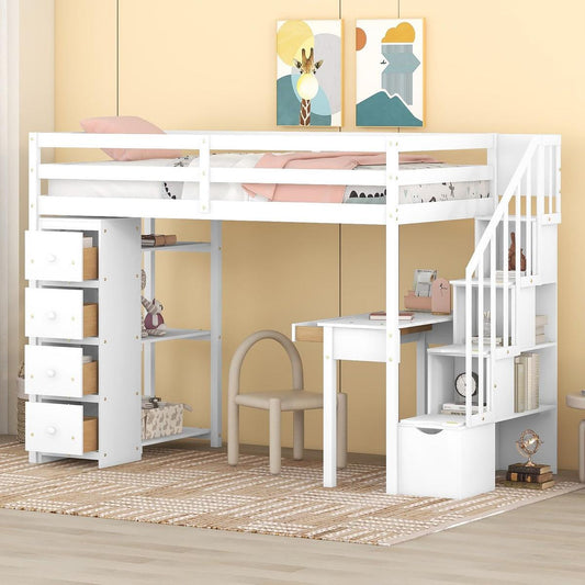Twin size Loft Bed with Storage Drawers, Desk and Stairs, Wooden Loft Bed with Shelves - White