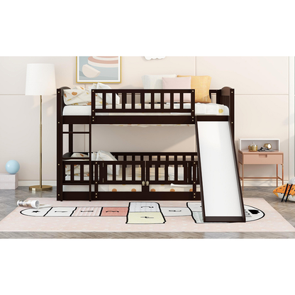 Bunk Bed with Slide,Twin Over Twin Low Bunk Bed with Fence and Ladder for Toddler Kids Teens Espresso
