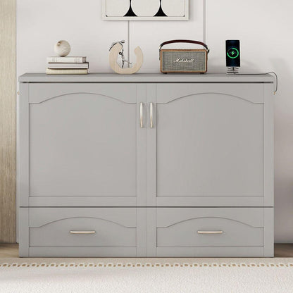 Full Size Murphy Bed Wall Bed with drawer and a set of Sockets & USB Ports, Pulley Structure Design, Gray