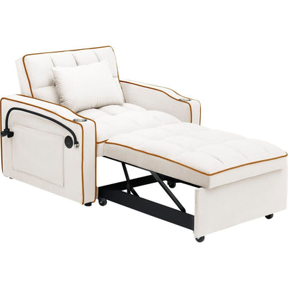 1 versatile foldable sofa bed in 3 lengths, modern sofa sofa sofa velvet pull-out bed, adjustable back and with USB port and ashtray and swivel phone stand creamy white