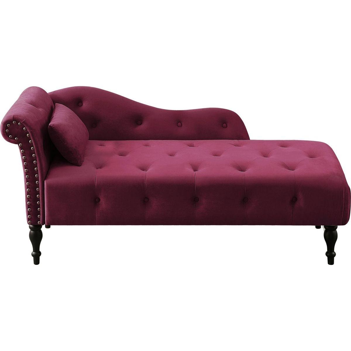 60.6" Velvet Chaise Lounge Buttons Tufted Nailhead Trimmed Solid Wood Legs with 1 Pillow,Burgundy (Left Arm Design as Shown in the Picture) - Streamdale Furniture