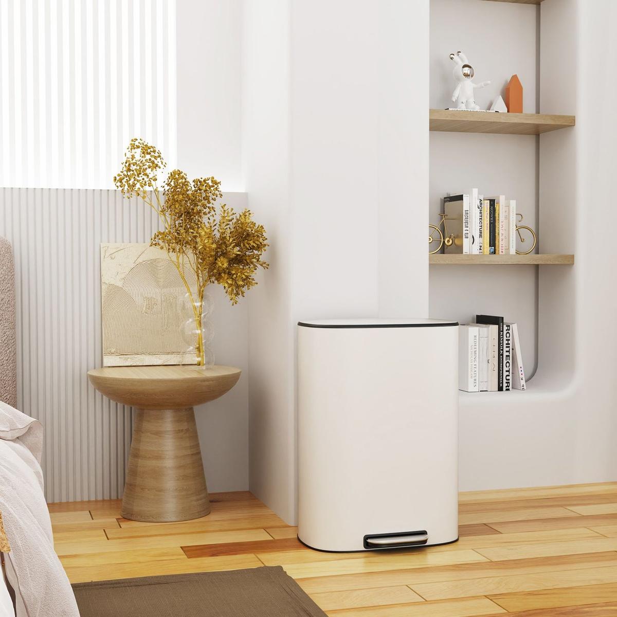 13 Gallon 50L Kitchen Foot Pedal Operated Soft Close Trash Can - Stainless Steel Ellipse Bustbin - White