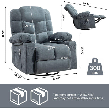 Massage Rocker Recliner Chair Rocking Chairs for Adults Oversized with 2 Cup Holders, USB Charge Port Soft Features a Manual Massage and Heat.A+B BLUE