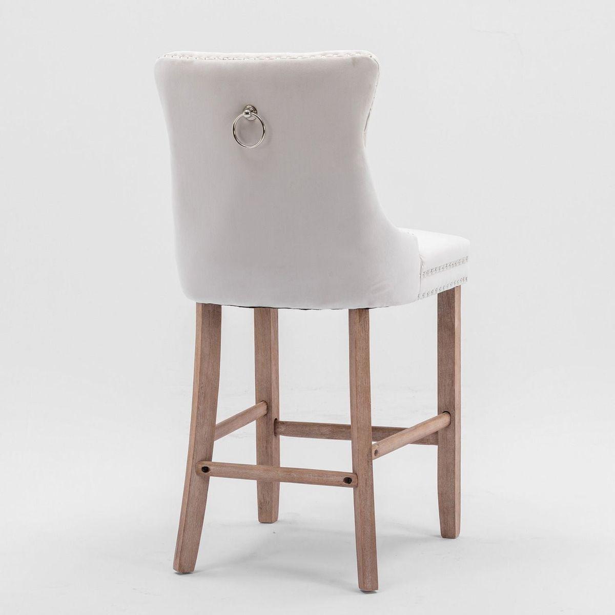 Contemporary Velvet Upholstered Barstools with Button Tufted Decoration and Wooden Legs, and Chrome Nailhead Trim, Leisure Style Bar Chairs,Bar stools, Set of 2 (Beige)