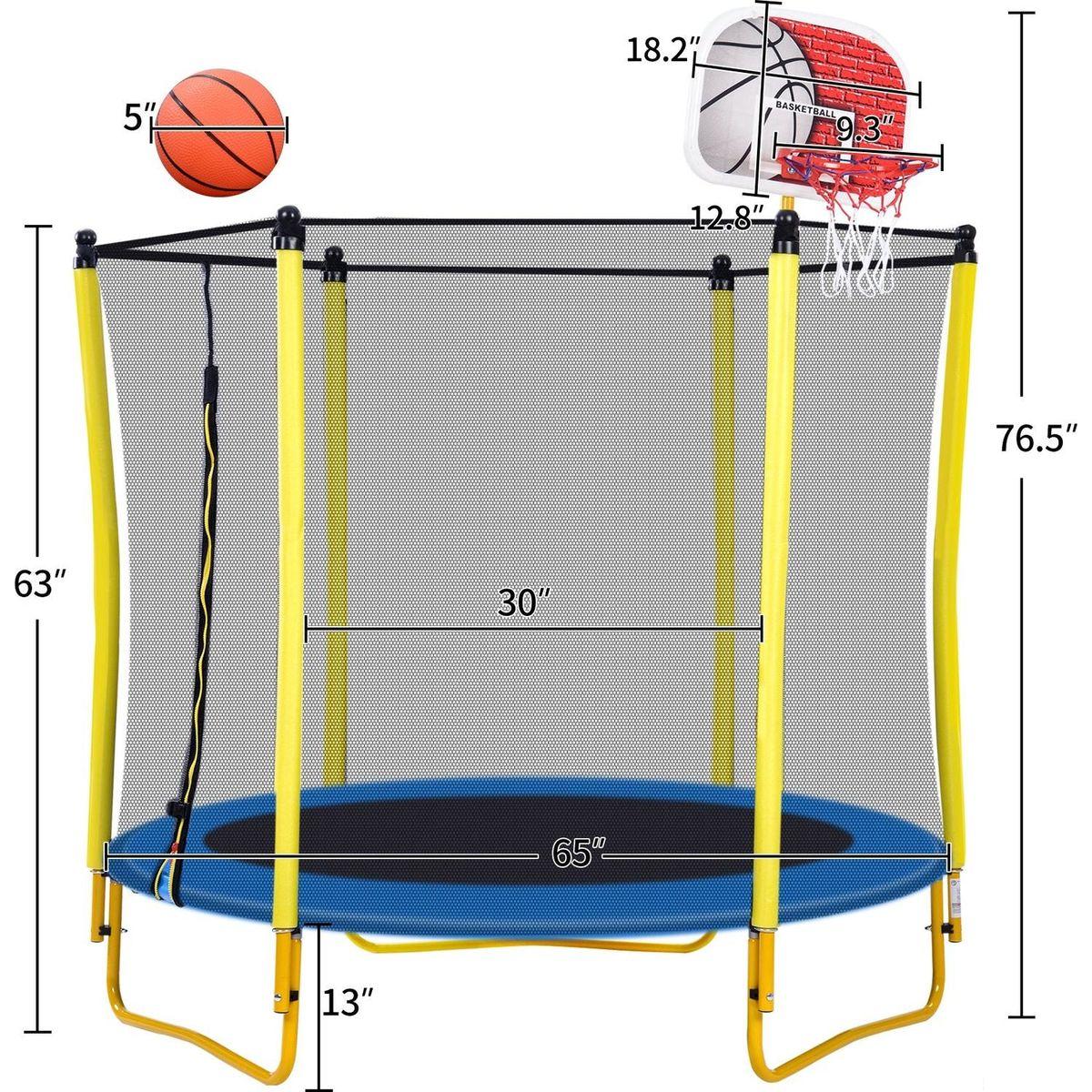 5.5FT Trampoline for Kids - 65" Outdoor & Indoor Mini Toddler Trampoline with Enclosure, Basketball Hoop and Ball Included