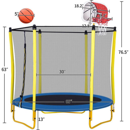 5.5FT Trampoline for Kids - 65" Outdoor & Indoor Mini Toddler Trampoline with Enclosure, Basketball Hoop and Ball Included