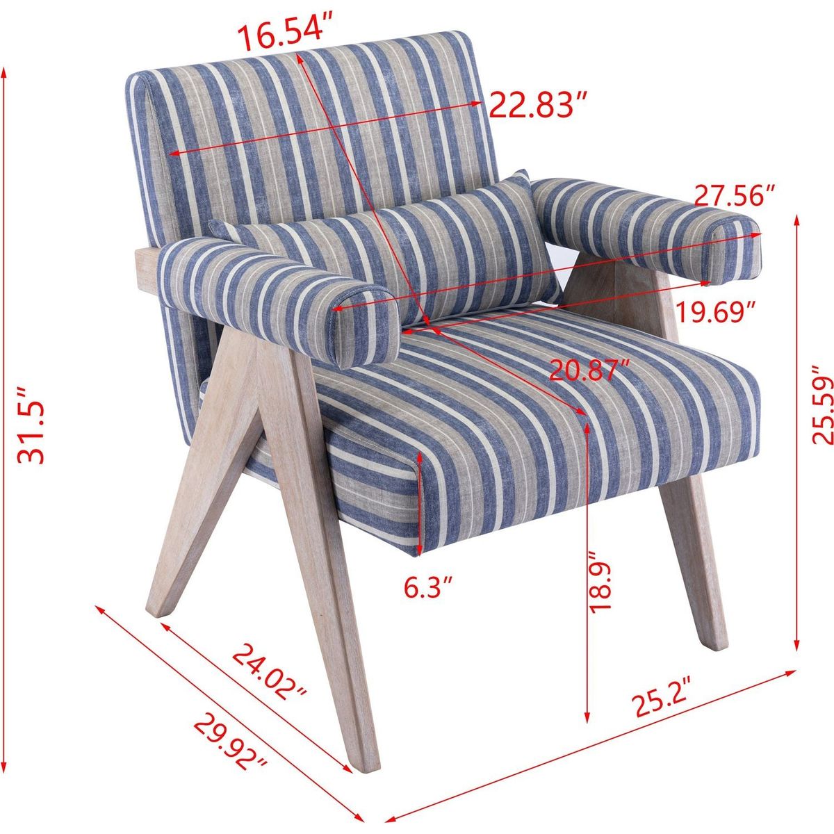 Accent chair, KD rubber wood legs with black finish. Fabric cover the seat. With a cushion.Blue Stripe