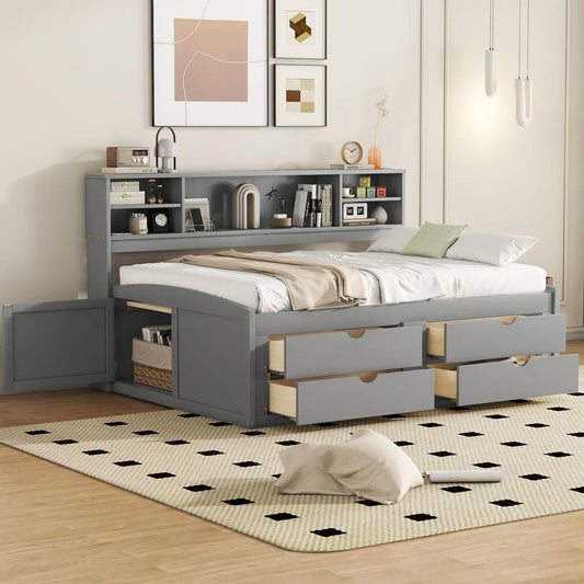 Full Size Wood Daybed with 2 Bedside Cabinets, Upper Shelves and 4 Drawers, Gray