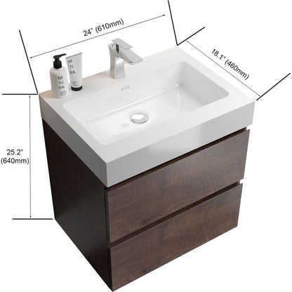 Alice 24" Walnut Bathroom Vanity with Sink, Large Storage Wall Mounted Floating Bathroom Vanity for Modern Bathroom, One-Piece White Sink Basin without Drain and Faucet