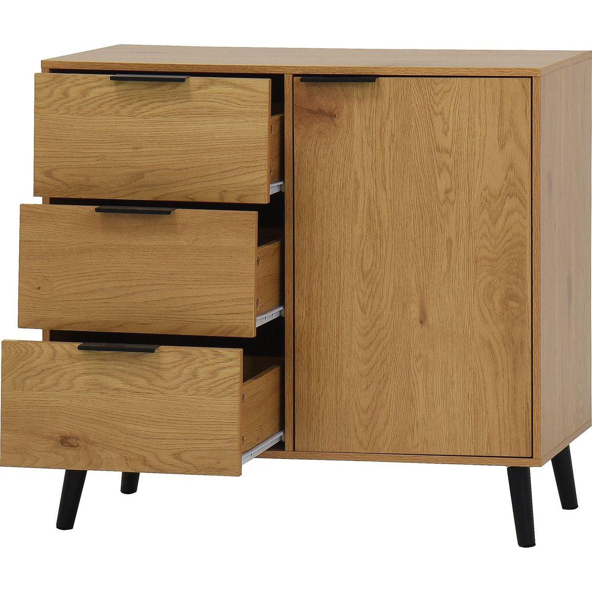 Storage Cabinet with 3 Drawers & Adjustable Shelf, Mid Century Cabinet with Door, Accent Cabinet for Living Room, Home Office, Entryway, Natural Wood Color