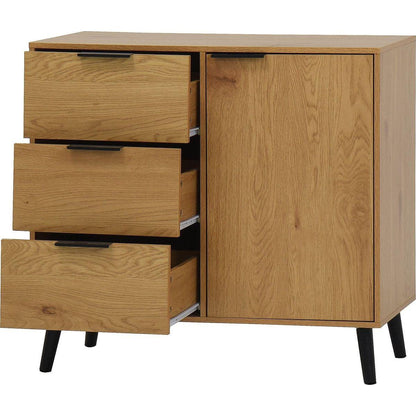 Storage Cabinet with 3 Drawers & Adjustable Shelf, Mid Century Cabinet with Door, Accent Cabinet for Living Room, Home Office, Entryway, Natural Wood Color