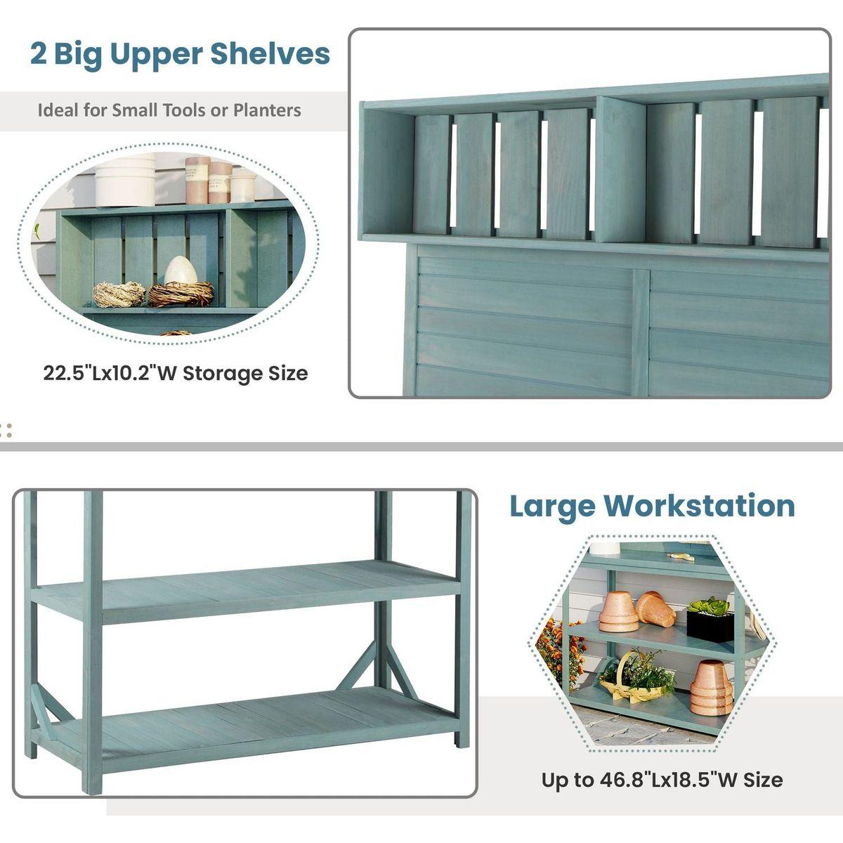 65" Large Wooden Farmhouse Rustic Outdoor Potting Bench Table, Patio Workstation, Garden Potting Bench with 4 Storage Shelves and Side Hook,Green
