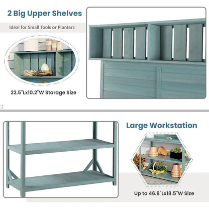 65" Large Wooden Farmhouse Rustic Outdoor Potting Bench Table, Patio Workstation, Garden Potting Bench with 4 Storage Shelves and Side Hook,Green