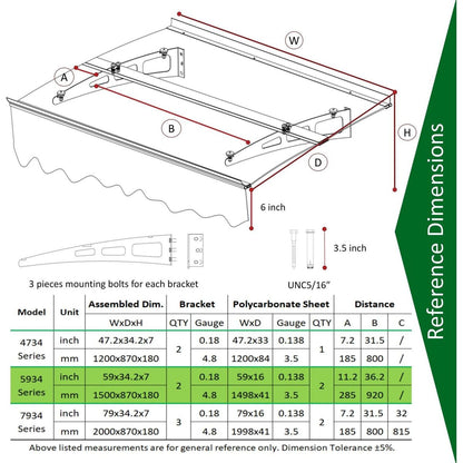 DA5934W Series Door Window Awning Canopy Made of 0.137 Inch Thick Crystal Solid Polycarbonate Sheet and Aluminum Alloy with Valance in size of 59" Wide x 34" Deep for Wooden Wall House