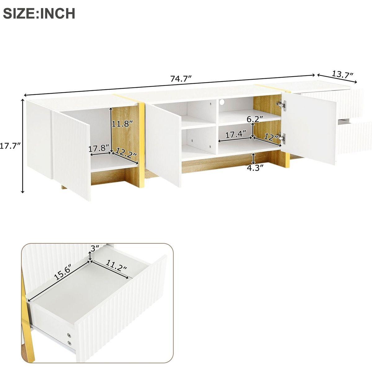 Luxury Fluted TV Stand for TVs Up to 80", Modern Entertainment Center with Storage Cabinets & Drawers, Smooth Media Console with Golden Wood Grain Legs for Living Room, White