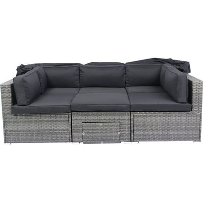 7-Piece Patio Furniture Set w/Retractable Canopy Wicker Rattan Sectional Sofa Set Patio Furniture with Washable Cushions for Lawn, Garden, Backyard, Poolside Grey wicker + Black Cushion