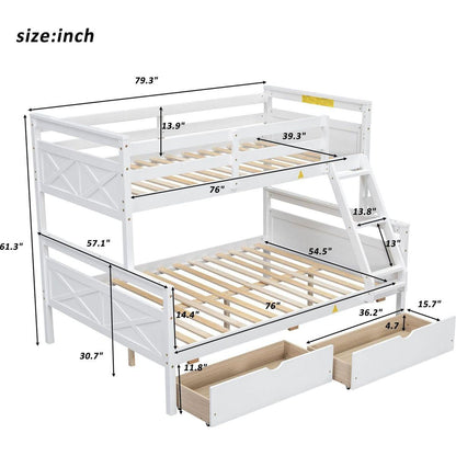 Twin over Full Bunk Bed with Ladder, Two Storage Drawers, Safety Guardrail, White