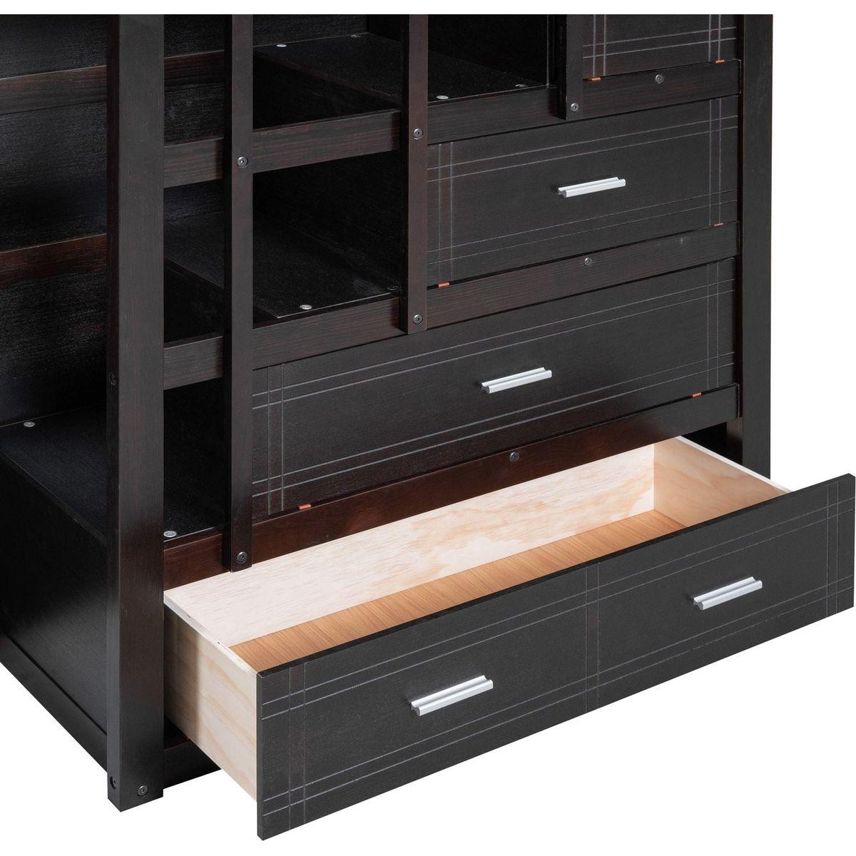 Full Over Full Bunk Bed with Twin Size Trundle and Staircase, Espresso