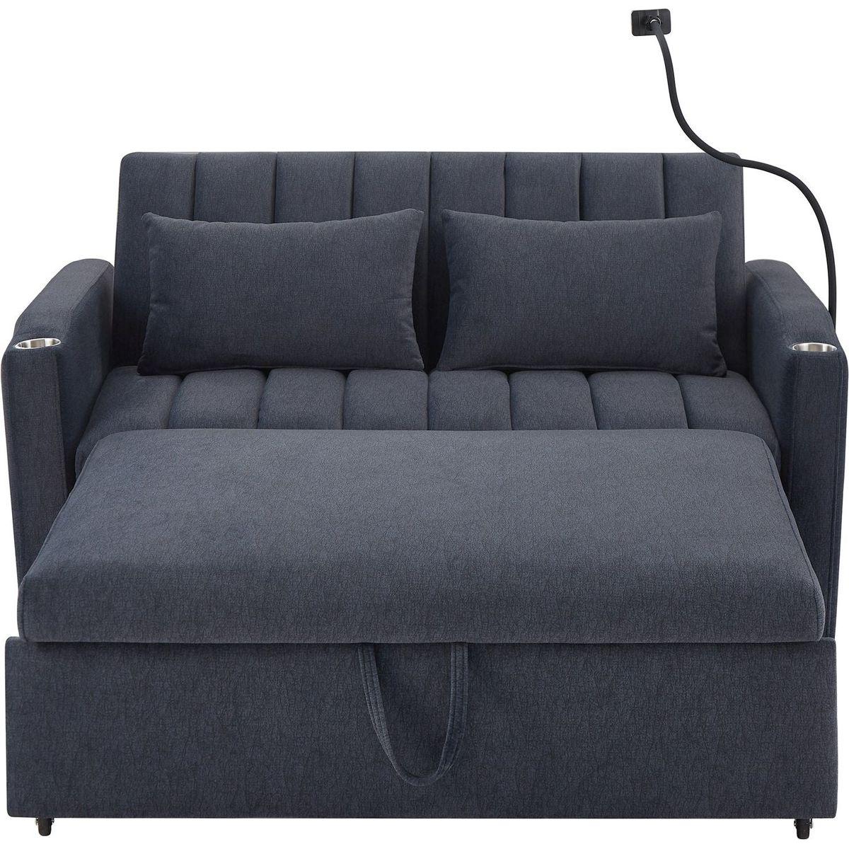 55.9" Convertible Sofa Bed Loveseat Sofa with Three USB Ports, Two Side Pockets, Two Cup Holders and 360Swivel Phone Holder for Living Room, Blue Grey