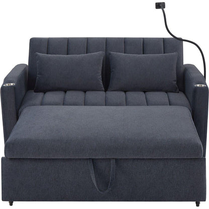 55.9" Convertible Sofa Bed Loveseat Sofa with Three USB Ports, Two Side Pockets, Two Cup Holders and 360Swivel Phone Holder for Living Room, Blue Grey
