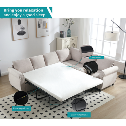 Sleeper Sofa, 2 in 1 Pull Out Couch Bed,6 seater sofa bed, L Shaped Sleeper Sectional Sofa Couch,Riveted sofa,104" Large combined sofa Bed in living room, Beige