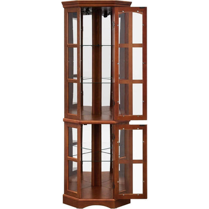Corner Curio Cabinet with 5 Shelves and Lighting System, Oak