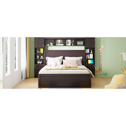 Queen Size Wooden Bed With All-in-One Cabinet, Shelf and Sockets, Espresso