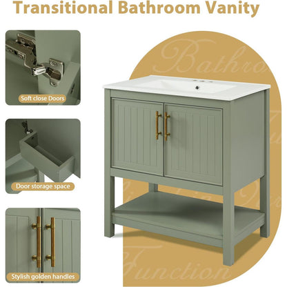 30-Inch Green Bathroom Vanity with Ceramic Sink and Versatile Storage - Ideal for Small Bathrooms