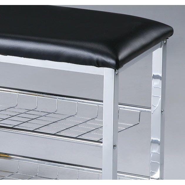 Metal Shoe Bench with Black Faux Leather Seat, Silver