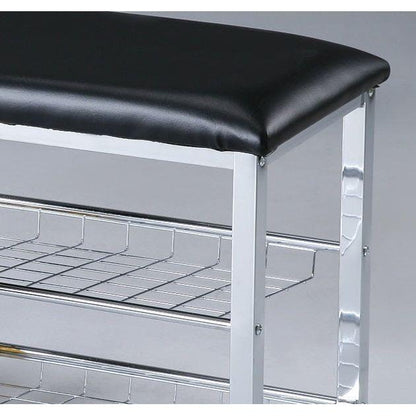 Metal Shoe Bench with Black Faux Leather Seat, Silver