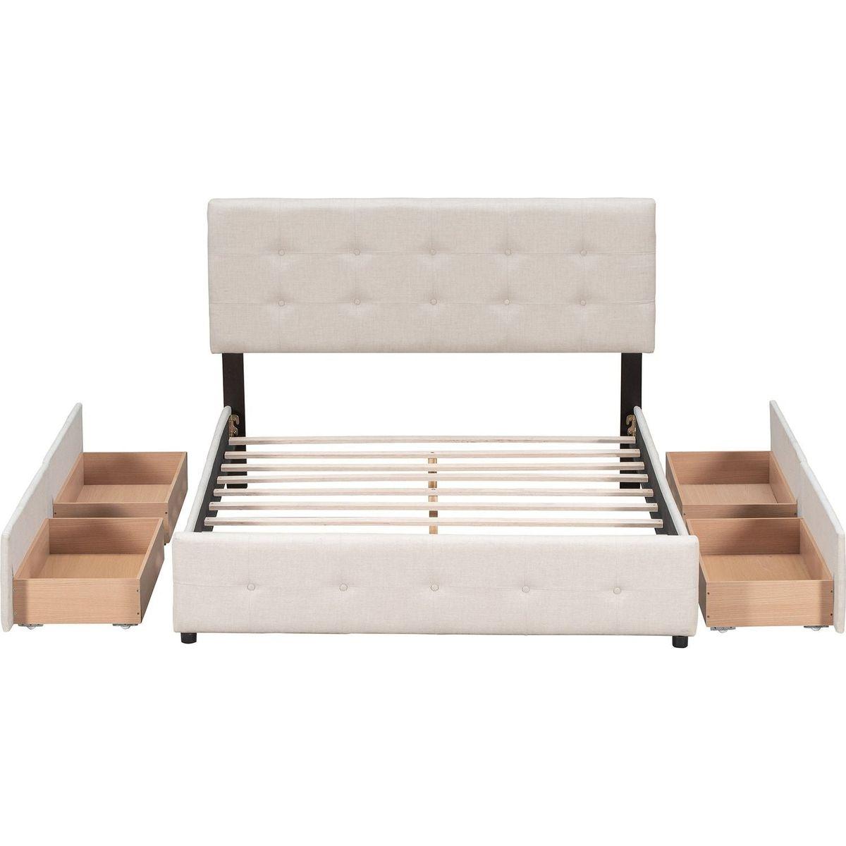 Upholstered Platform Bed with Classic Headboard and 4 Drawers, No Box Spring Needed, Linen Fabric, Queen Size Beige