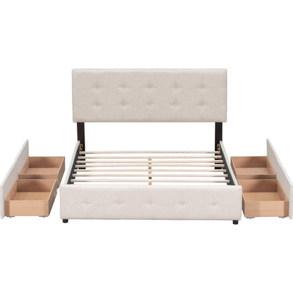 Upholstered Platform Bed with Classic Headboard and 4 Drawers, No Box Spring Needed, Linen Fabric, Queen Size Beige