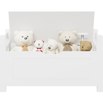 Kids Toy Box Chest, White Rubber Wood Toy Box for Boys Girls, Large Storage Cabinet with Cushion Seat Bench/Flip-Top Lid/Safety Hinge, Toy Storage Organizer Trunk for Nursery, Playroom