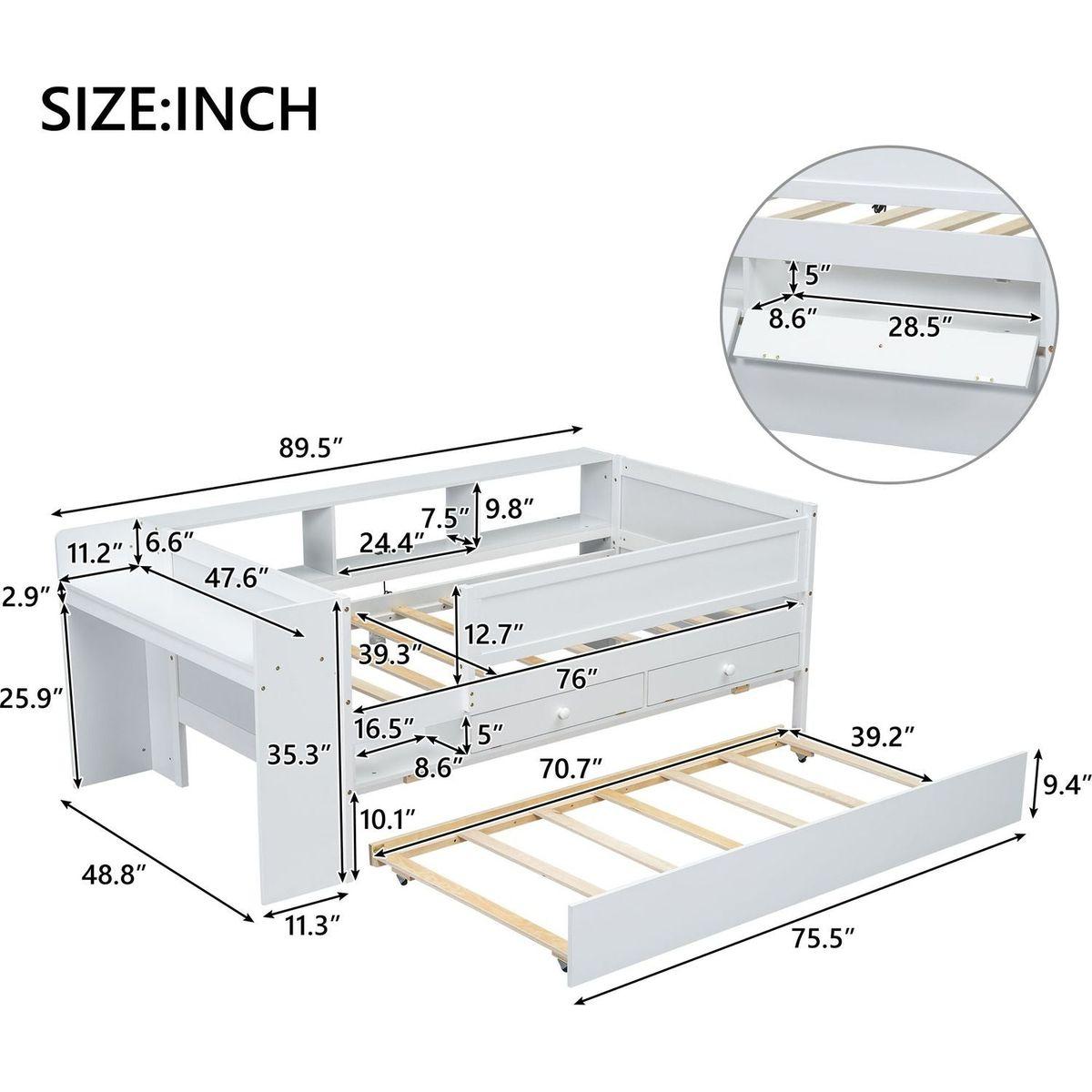 Multi-Functional Twin Daybed with Drawers and Trundle, Headboard Storage and Tables, USB Charging Station, White