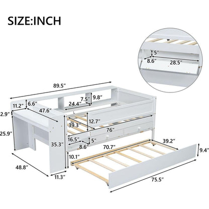 Multi-Functional Twin Daybed with Drawers and Trundle, Headboard Storage and Tables, USB Charging Station, White