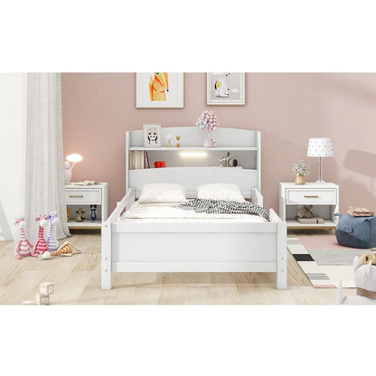 Wood Twin Size Platform Bed with Built-in LED Light, Storage Headboard and Guardrail, White