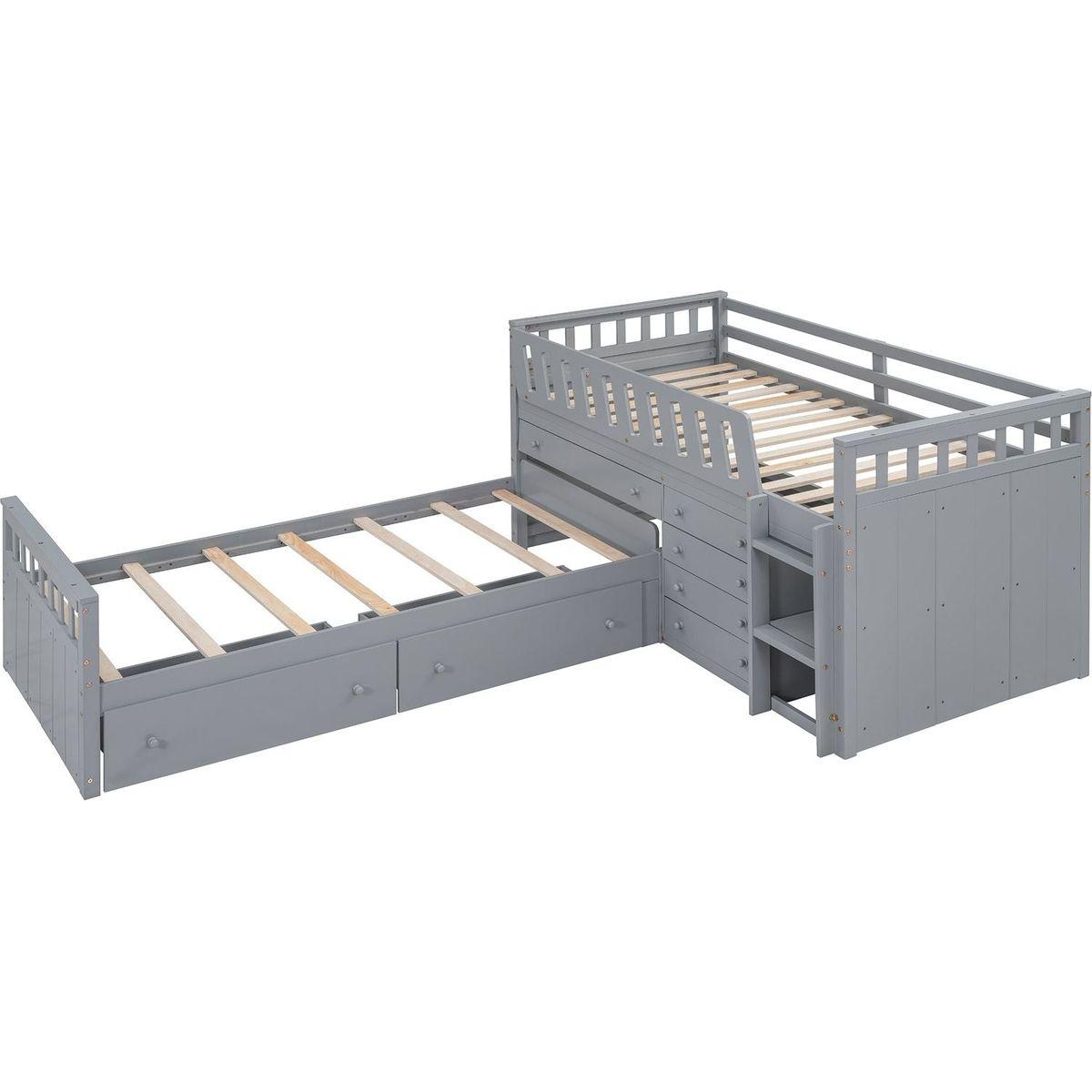 L-shaped Space-Saving Twin Loft and Twin Platform Bed with 7 Drawers and Full Guardrails(GRAY)