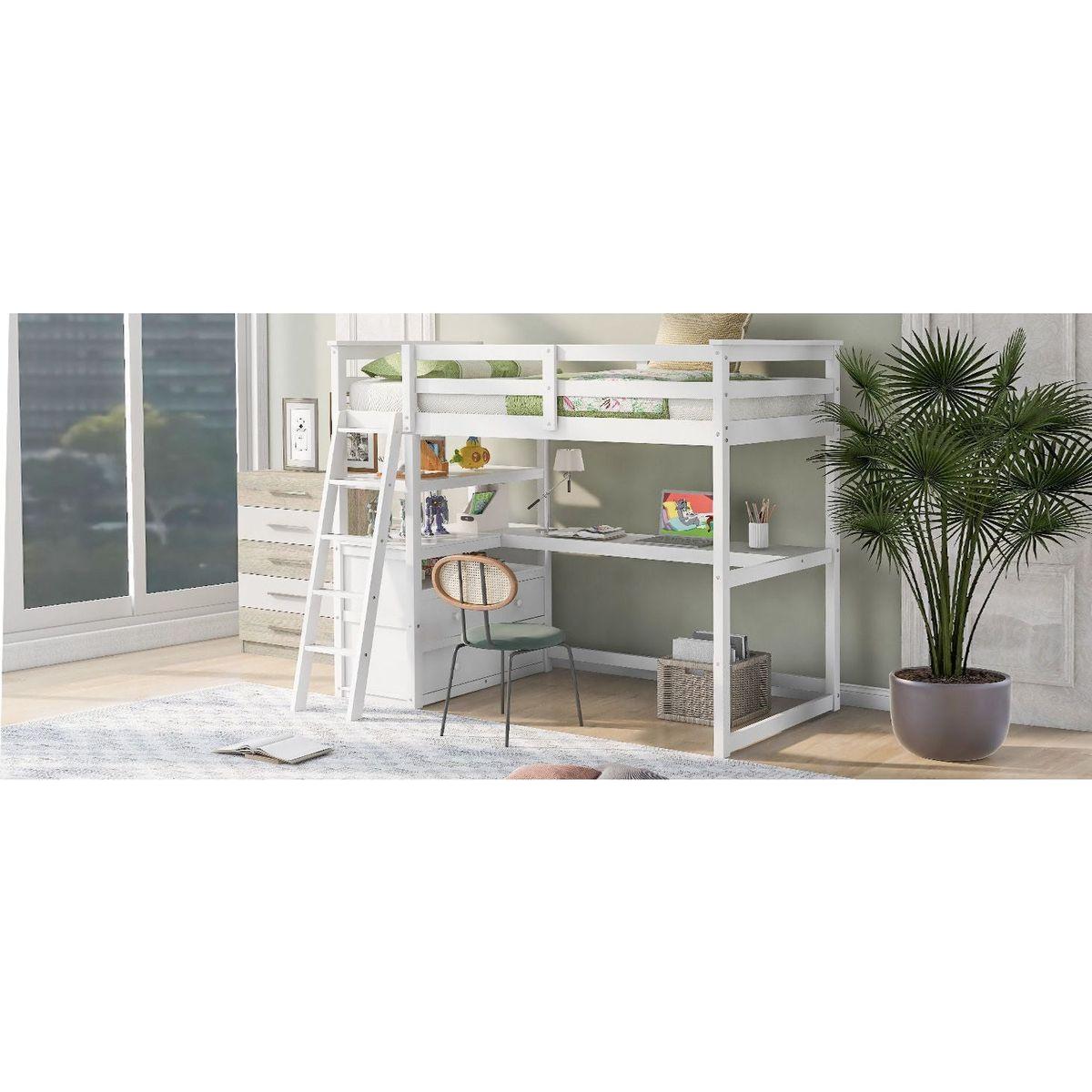 Twin Size Loft Bed with Desk and Shelves, Two Built-in Drawers, White